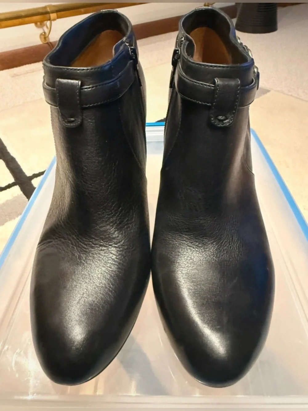 Coach Black Leather Ankle Booties with Gold Logo Strap